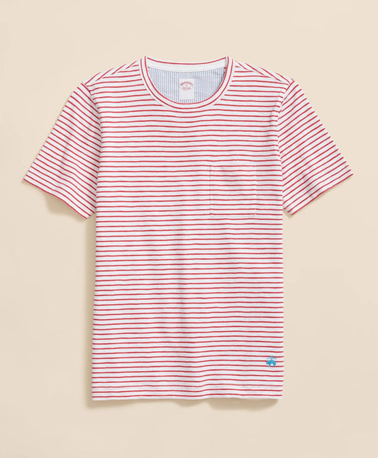 Brooks Brothers – Camiseta de Algodón Slub a Rayas con Bolsillo – Blanco y rojo