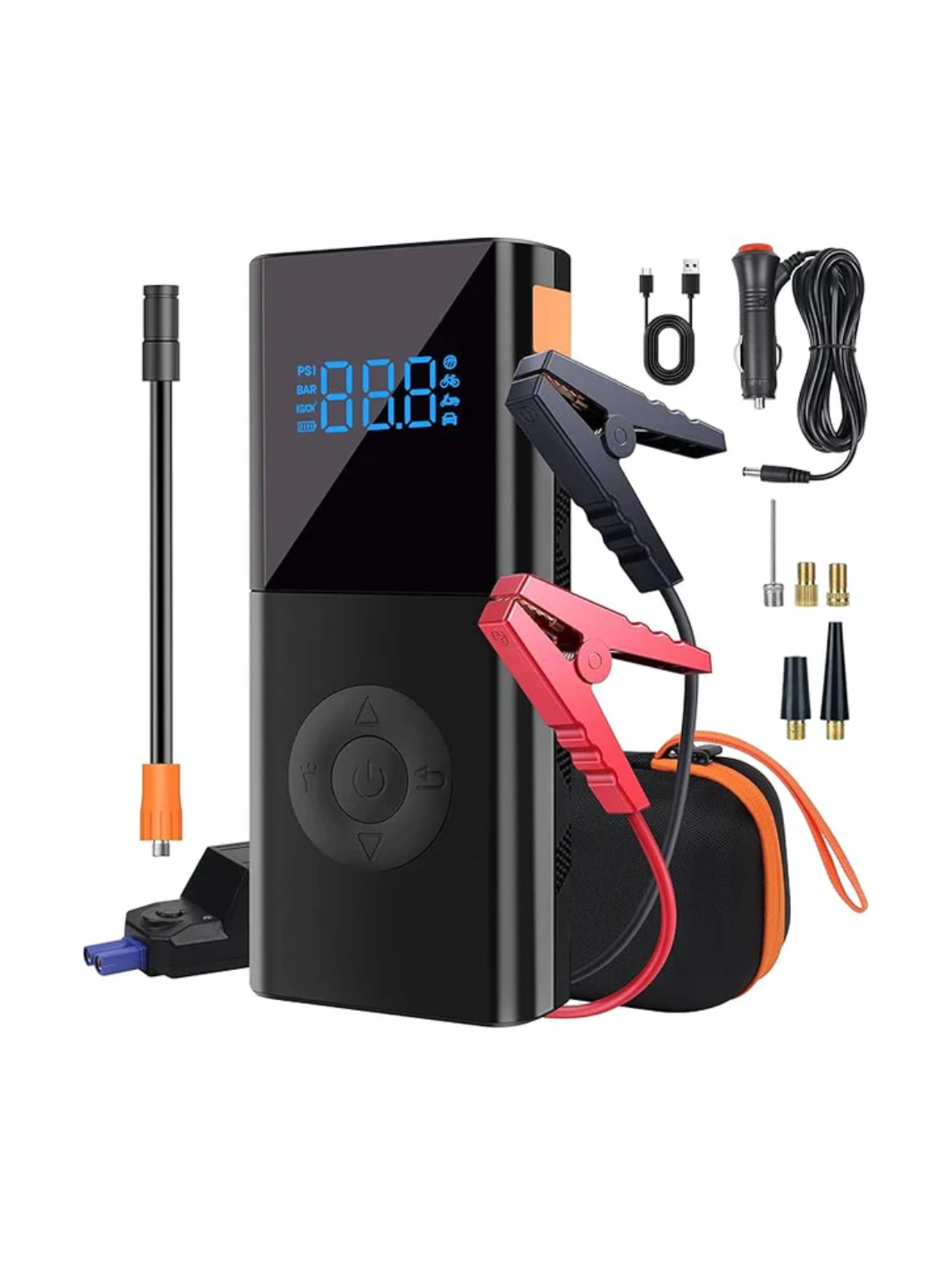 Arrancador portátil de autos con potencia de 3000 A, ideal para motores de gasolina de hasta 9.0 L y diésel de hasta 7.0 L. Funciona como amplificador de batería de 12 V e incluye luz integrada para mayor practicidad.