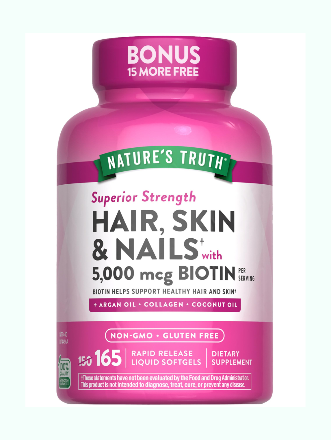 Nature’s Truth Superior Strength Hair, Skin & Nails with 5000 mcg Biotin per serving + Argan Oil, Collagen, Coconut Oil. NON-GMO, Gluten Free. 165 Liquid Softgels.