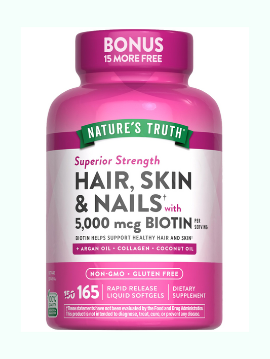 Nature’s Truth Superior Strength Hair, Skin & Nails with 5000 mcg Biotin per serving + Argan Oil, Collagen, Coconut Oil. NON-GMO, Gluten Free. 165 Liquid Softgels.