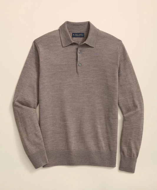 Brooks Brothers – Suéter Polo de Lana Merino – Café Claro