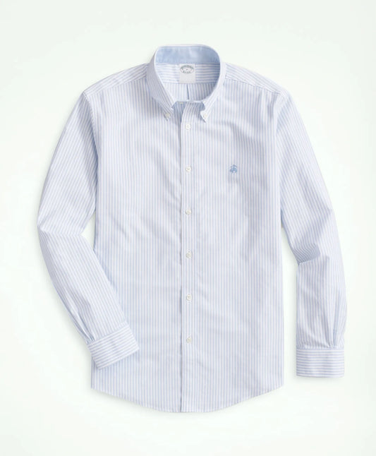 Brooks Brothers – Camisa Oxford Sport de Manga Larga con Botones – Rayada Blanco/Celeste