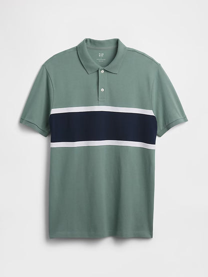 Camisa Polo Stretch Piqué para hombre – Verde gris con rayas blancas y azules - GAP