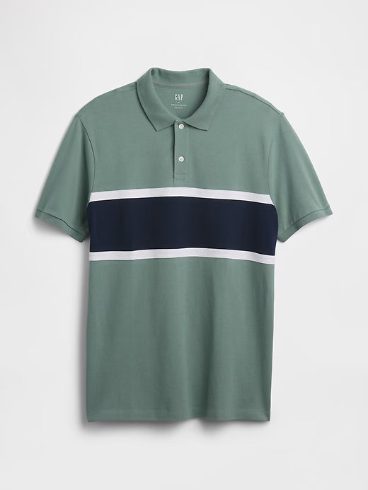 Camisa Polo Stretch Piqué para hombre – Verde gris con rayas blancas y azules - GAP
